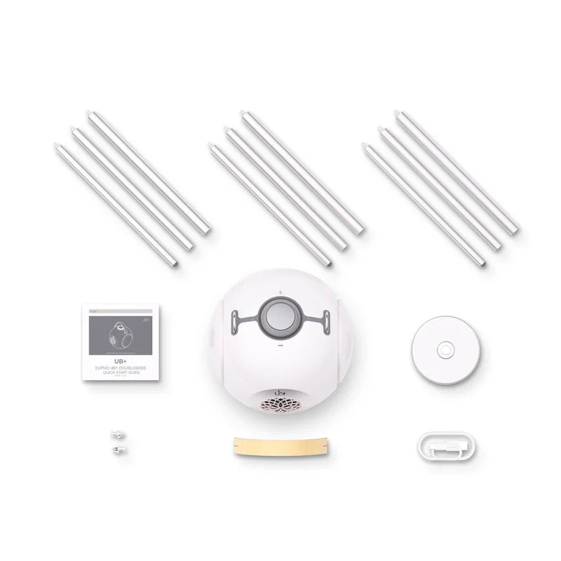 Contenu du coffret UB+ dB1 doubleBASS blanc avec trépied et accessoires